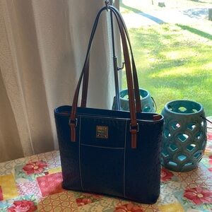 Dooney & Bourke Ostrich Dark navy Blue Shoulder Bag with Brown leather Straps